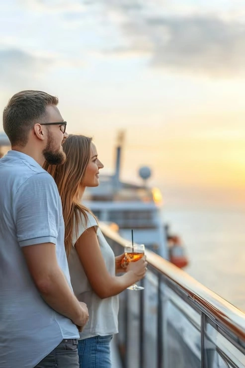 Pareja mirando el horizonte desde la cubierta de un crucero